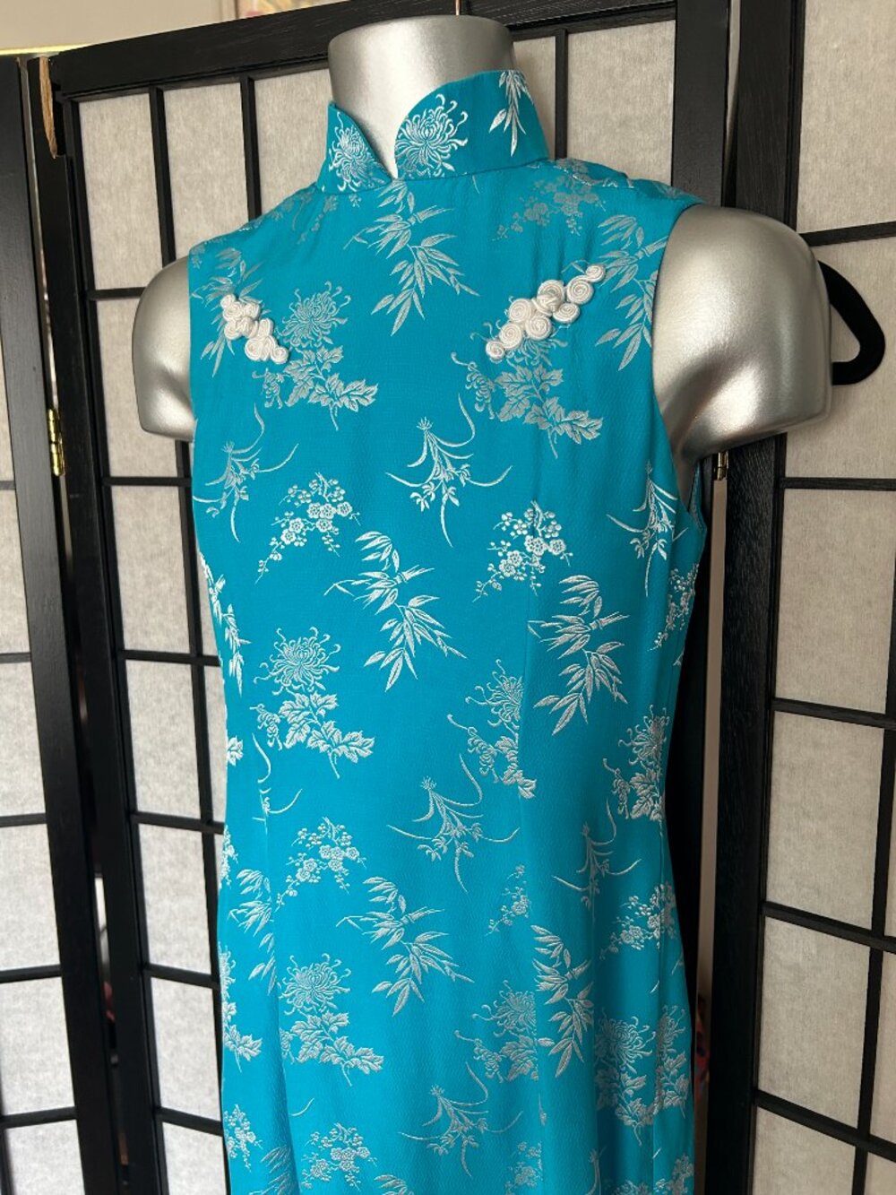Y2K Floral Cheongsam Dress (XS) blue vintage maxi white glam evening party chic - Picture 2 of 8